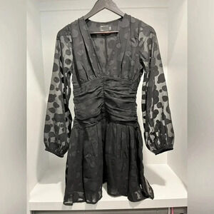 ASOS DESIGN long sleeve ruched front skater mini dress in black spot jacquard